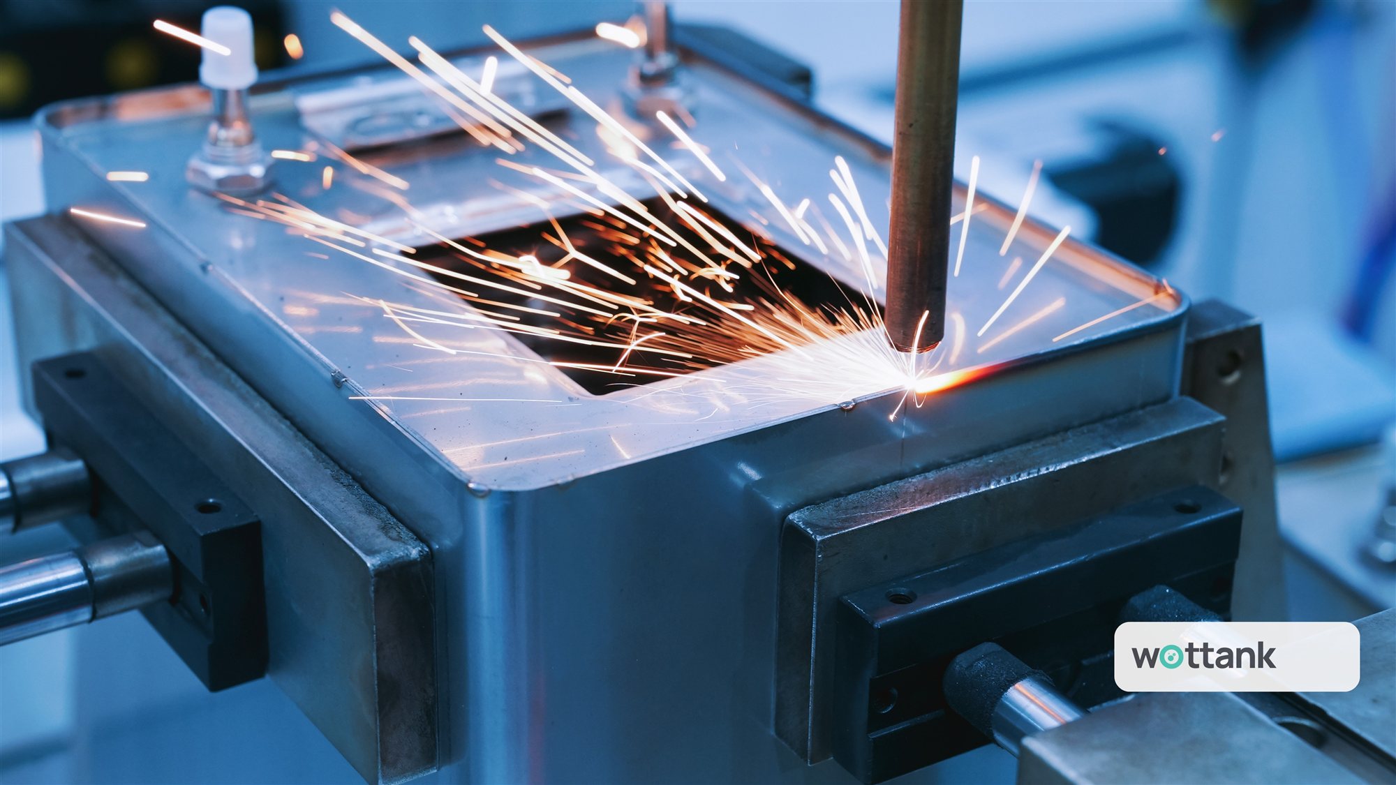 Automated seam welding sparks on a stainless steel vessel body